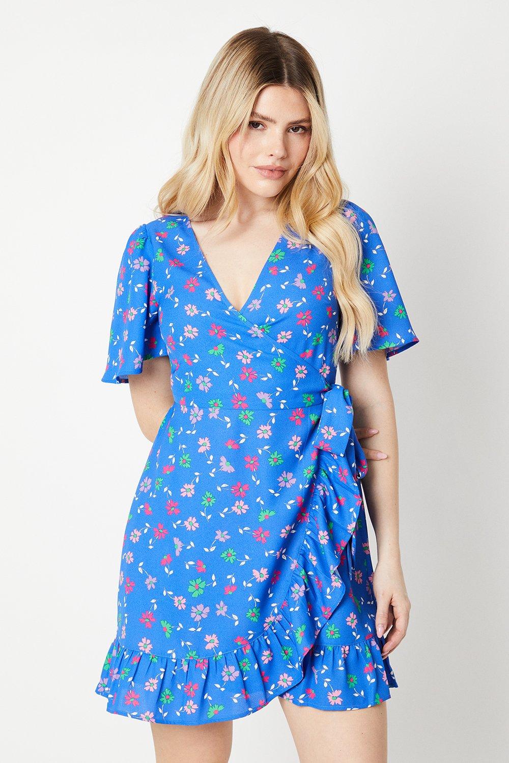 Dresses Blue Floral Wrap Tie Side Ruffle Hem Mini Dress Dorothy Perkins