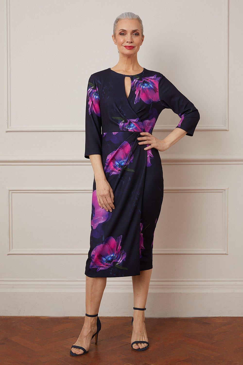 Womens Floral Print Structured Crepe Midi Dress