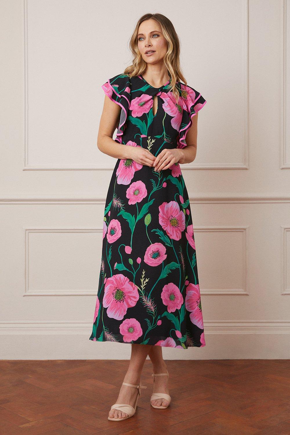 Womens Poppy Print Ruffle Sleeve Midi Dress