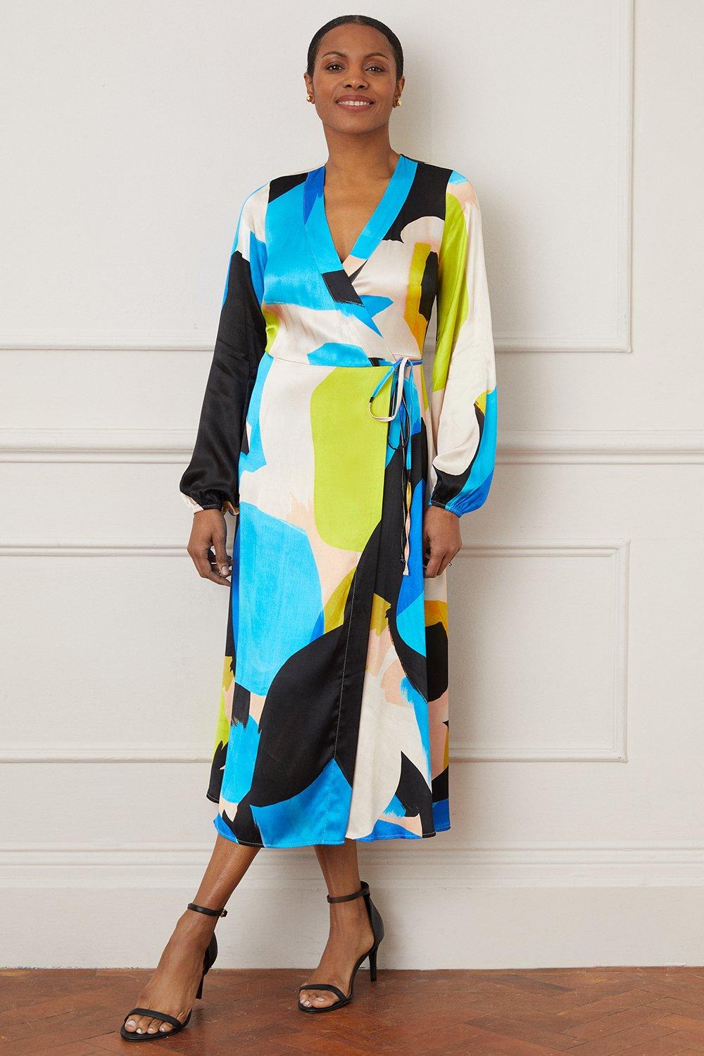 Womens Abstract Satin Wrap Midi Dress