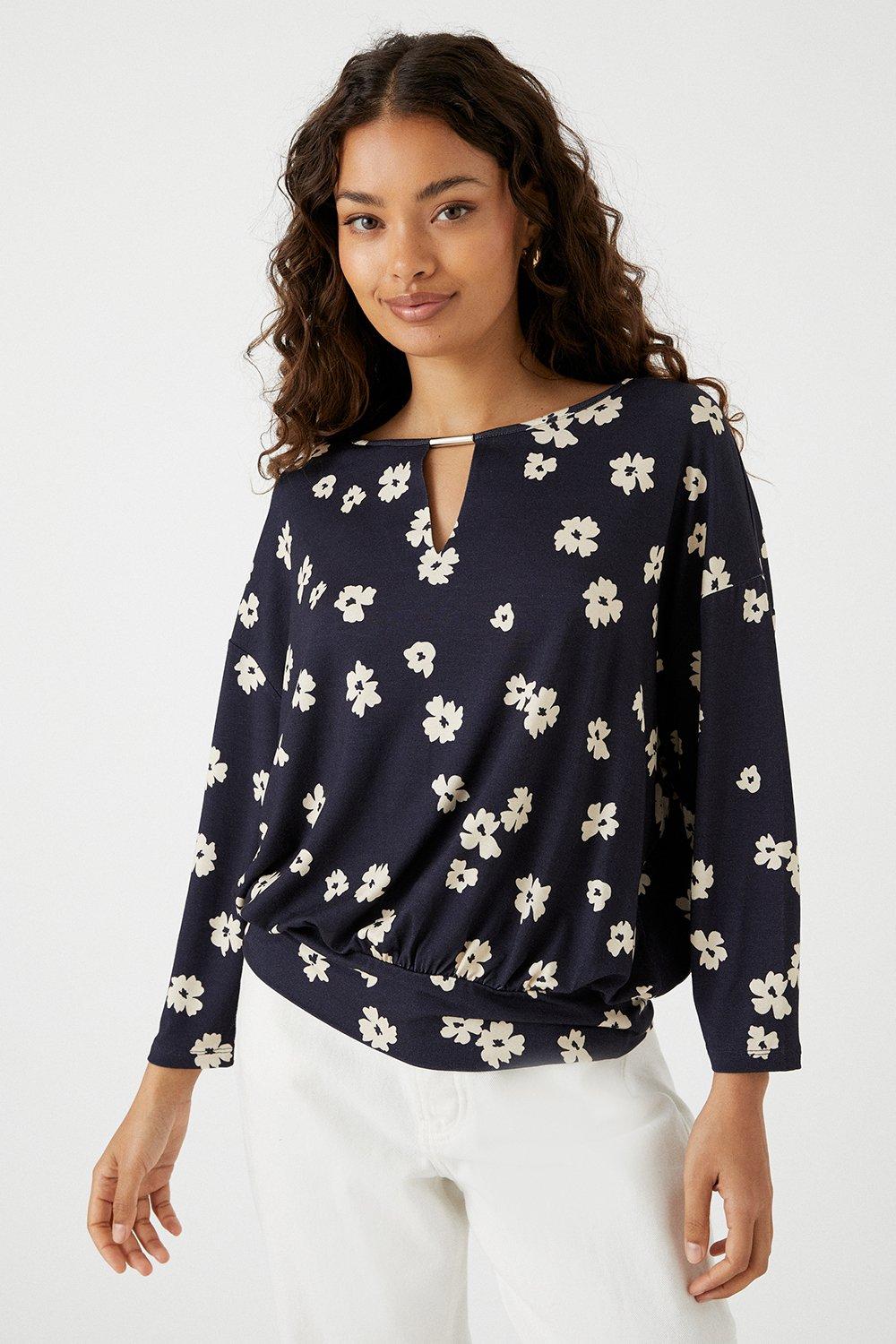 Womens Petite Navy Floral Jersey Top