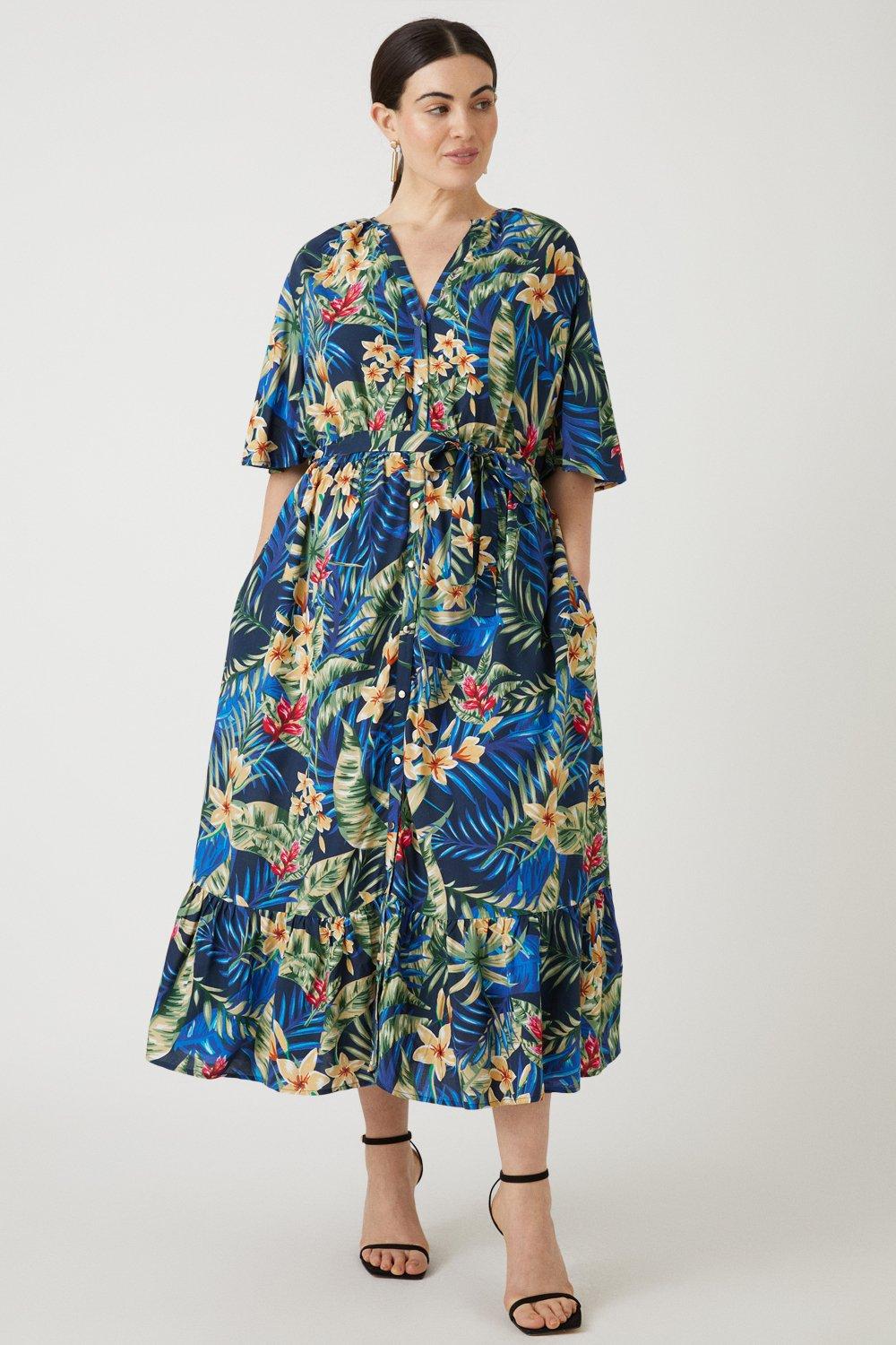 Womens Curve Navy Tropical Button Through Tiered Midi Dress