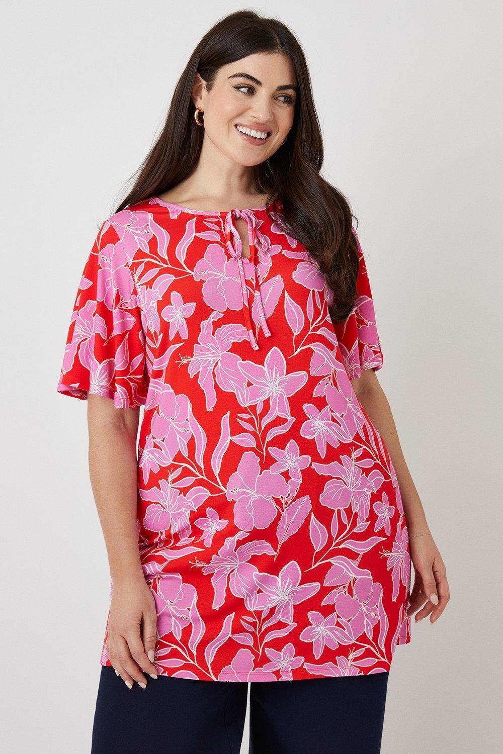 Womens Curve Pink Floral Frill Sleeve Jersey Tunic