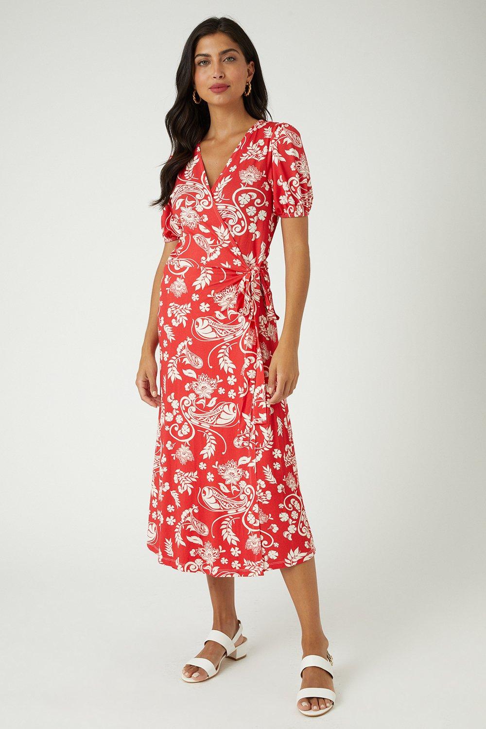 Womens Red Floral Jersey Wrap Dress
