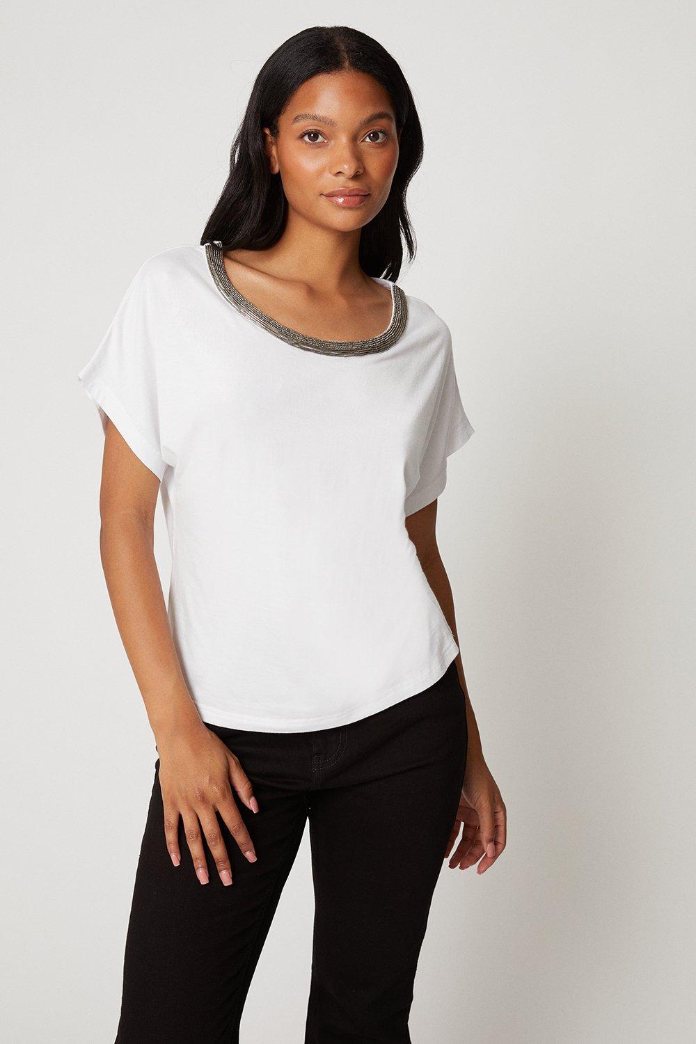 Womens Petite White Jersey Beaded T-shirt