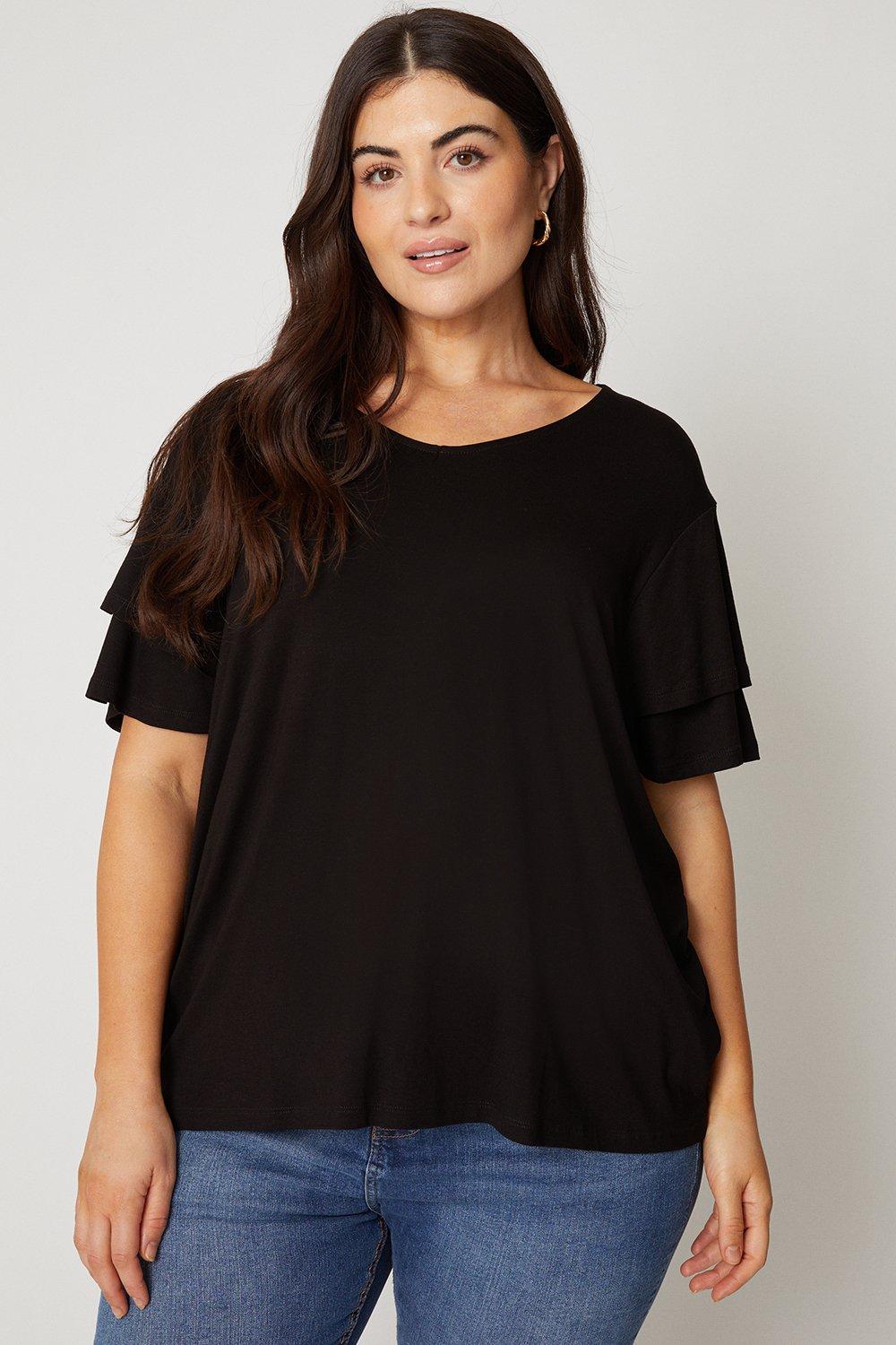 Womens Curve Black Double Ruffle Sleeve Jersey Top