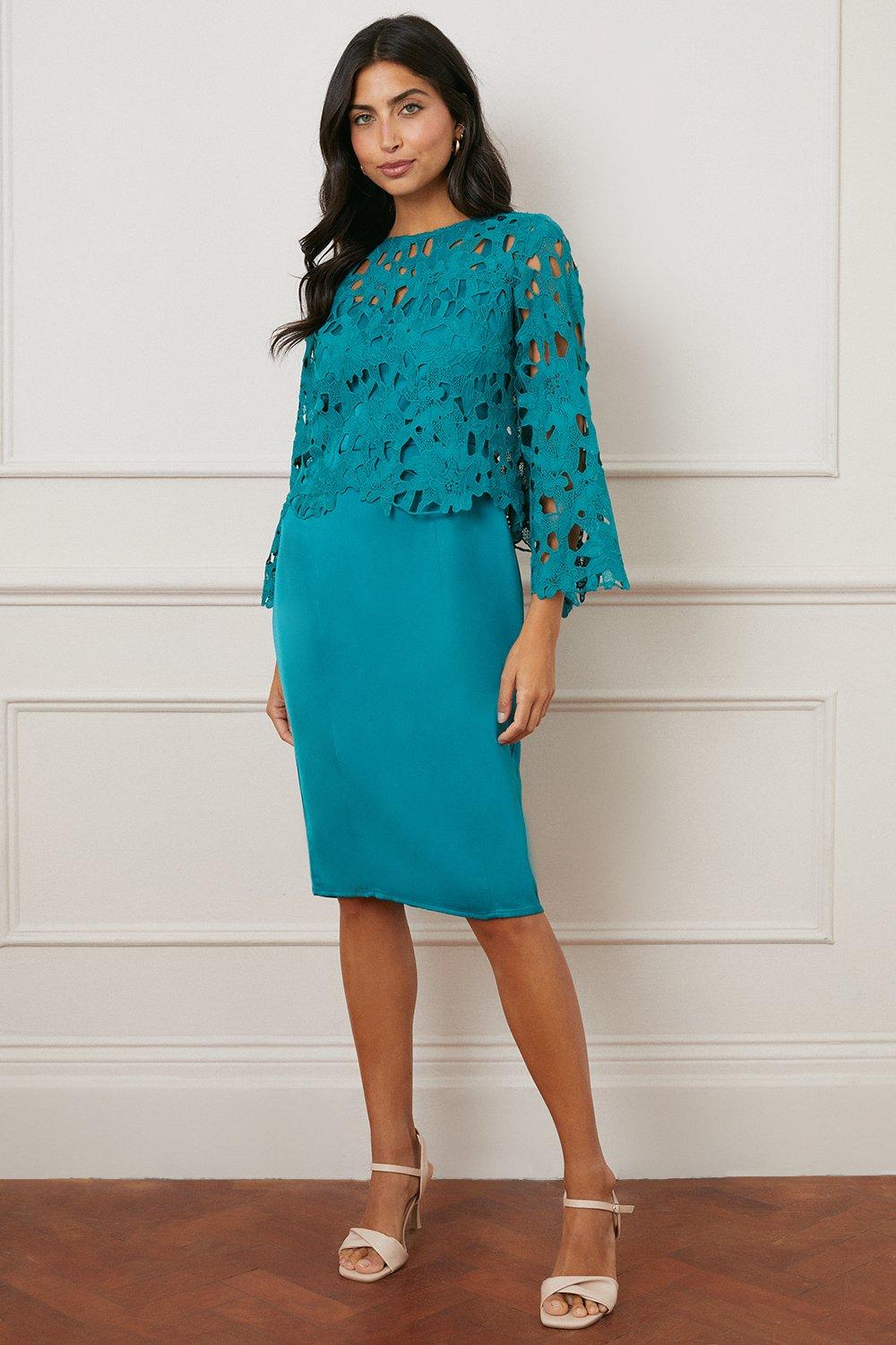 Womens Lace 2 In 1 Overlay Midi Dress