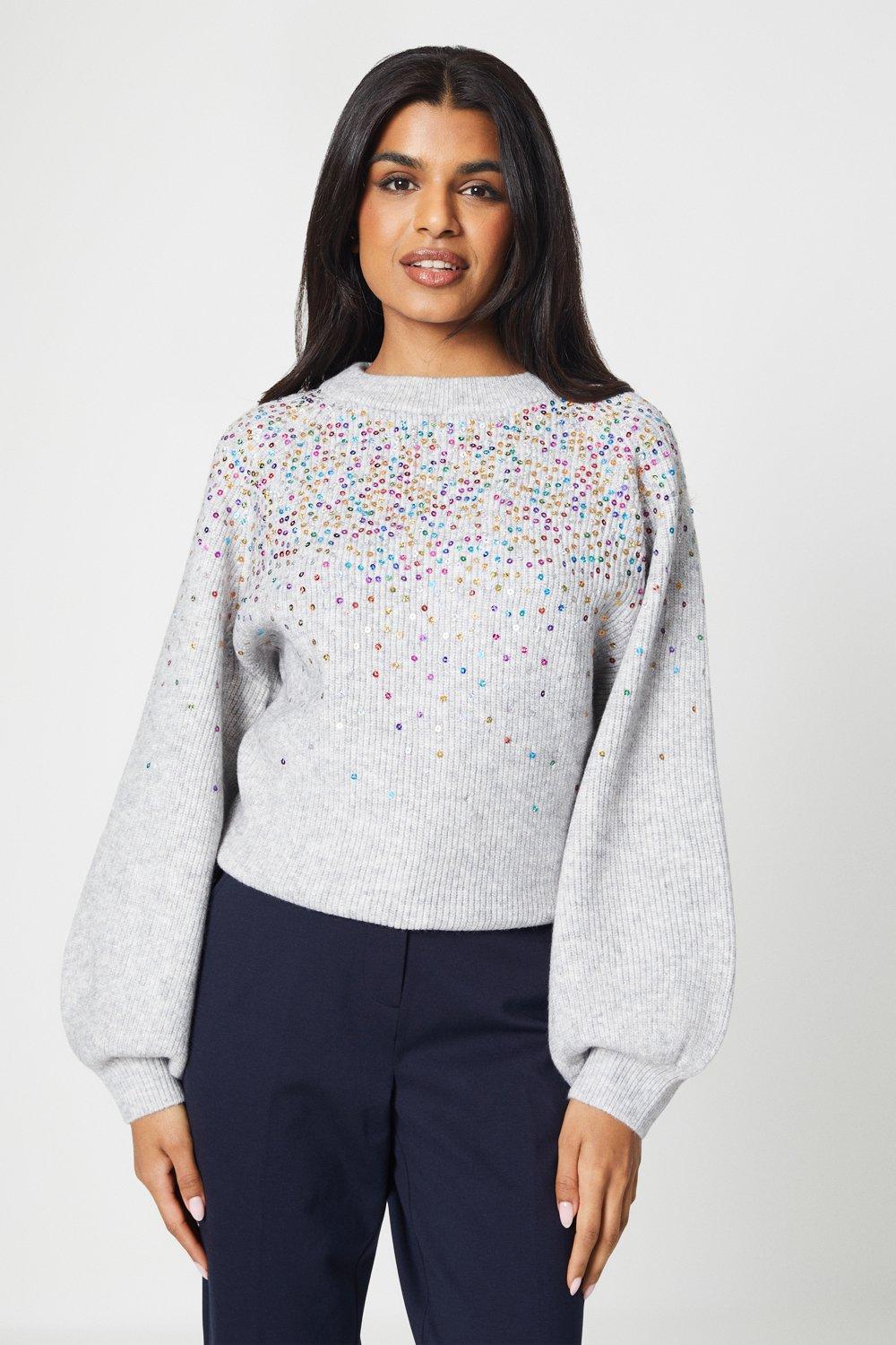 Womens Petite Sequin Scatter Sweater