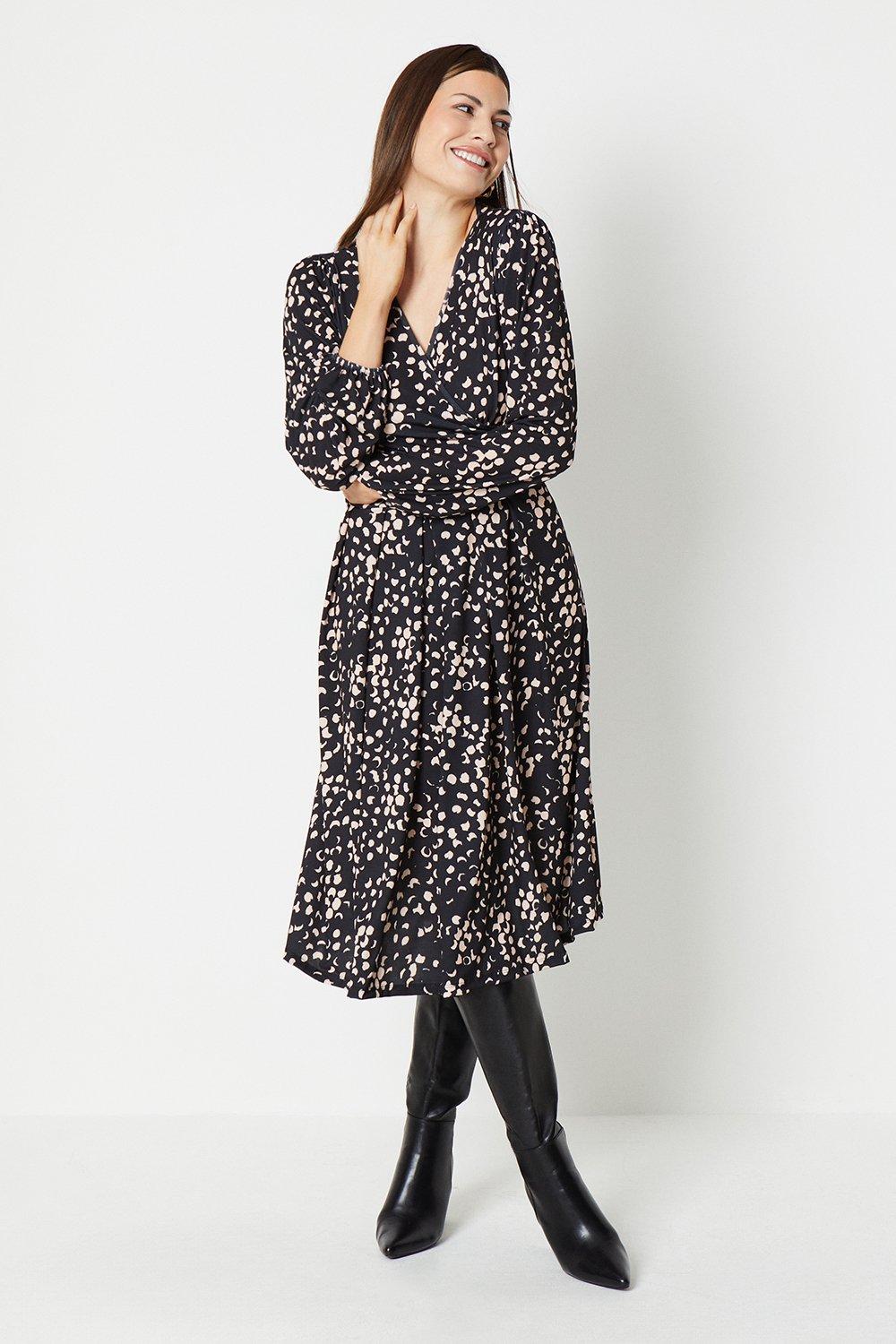 Womens Spot Print Jersey Wrap Long Sleeve Pleated Midi Dress
