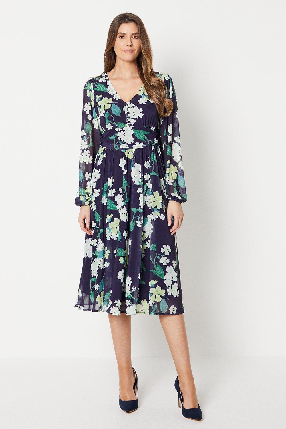 Womens Printed Mesh Fit And Flare Midi Dress