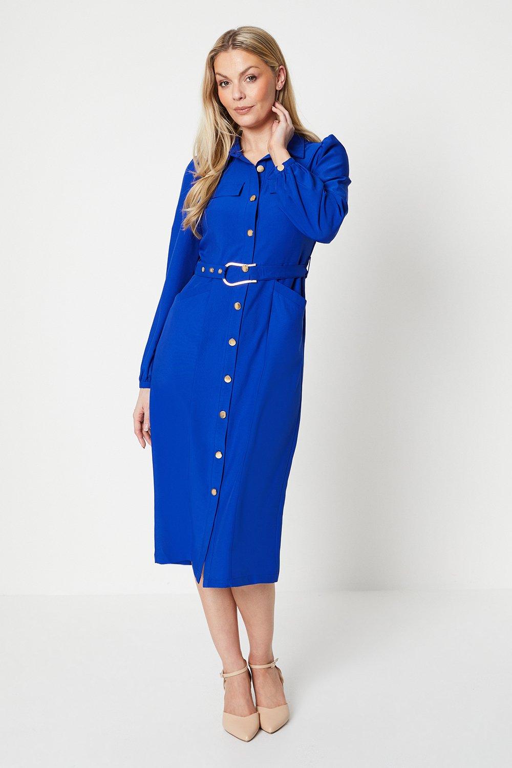 Womens Heavy Crepe D-ring Belted Shirt Dress