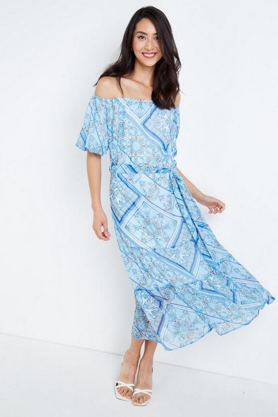 Wallis Tall Blue Scarf Print Bardot Midi Dress 1