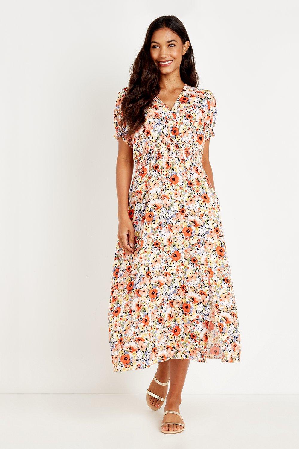 Dresses | Poppy Print Shirred Waist Midi Dress | Wallis