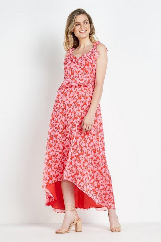 Wallis Ditsy Floral Red Pink Chiffon Ruffle Dress 1