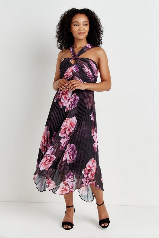 Wallis Black & Pink Floral Pleated Halter Neck Dress 2