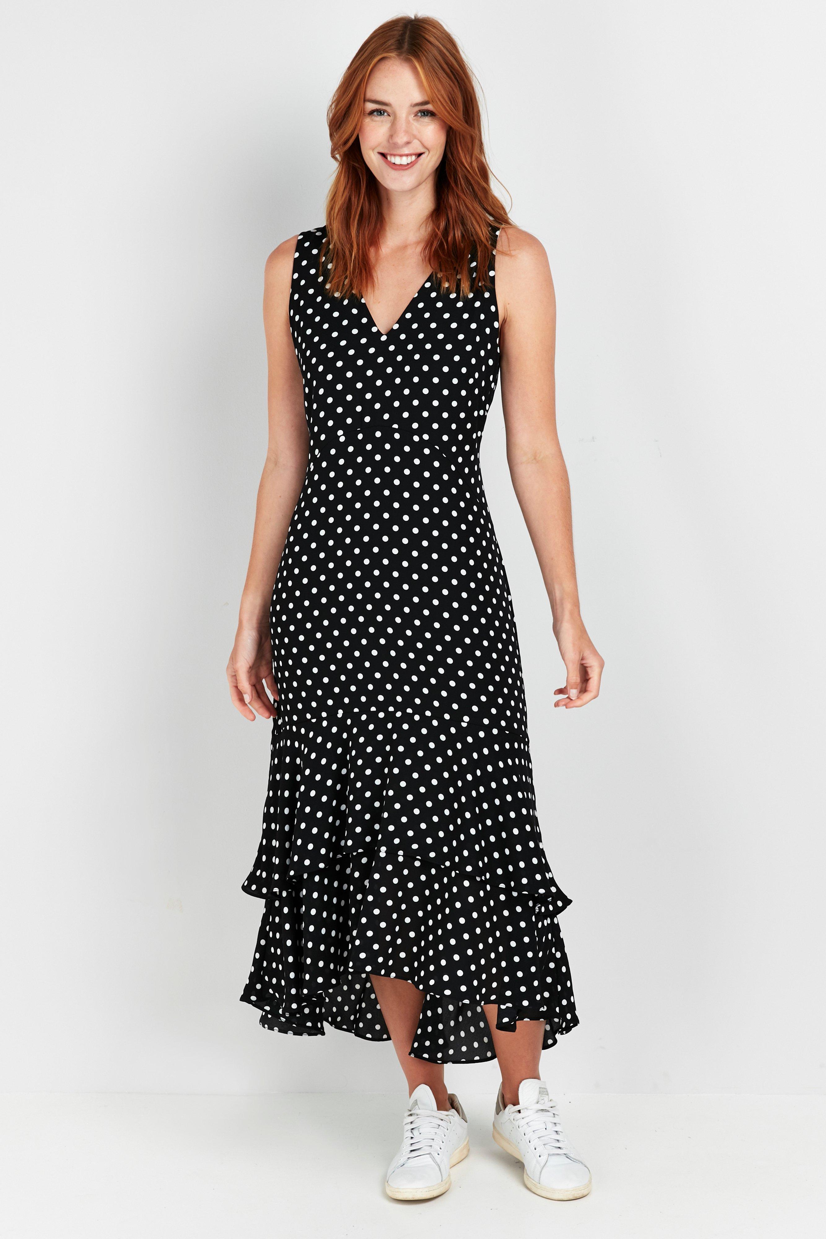 Black Polka Dot Print Tiered Dress