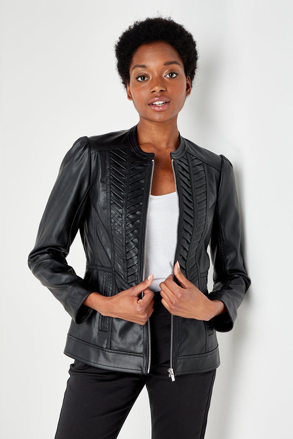 Petite black faux 2025 leather biker jacket