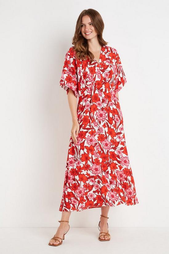 Wallis Tall Red And Pink Floral Kimono Sleeve Dress 2