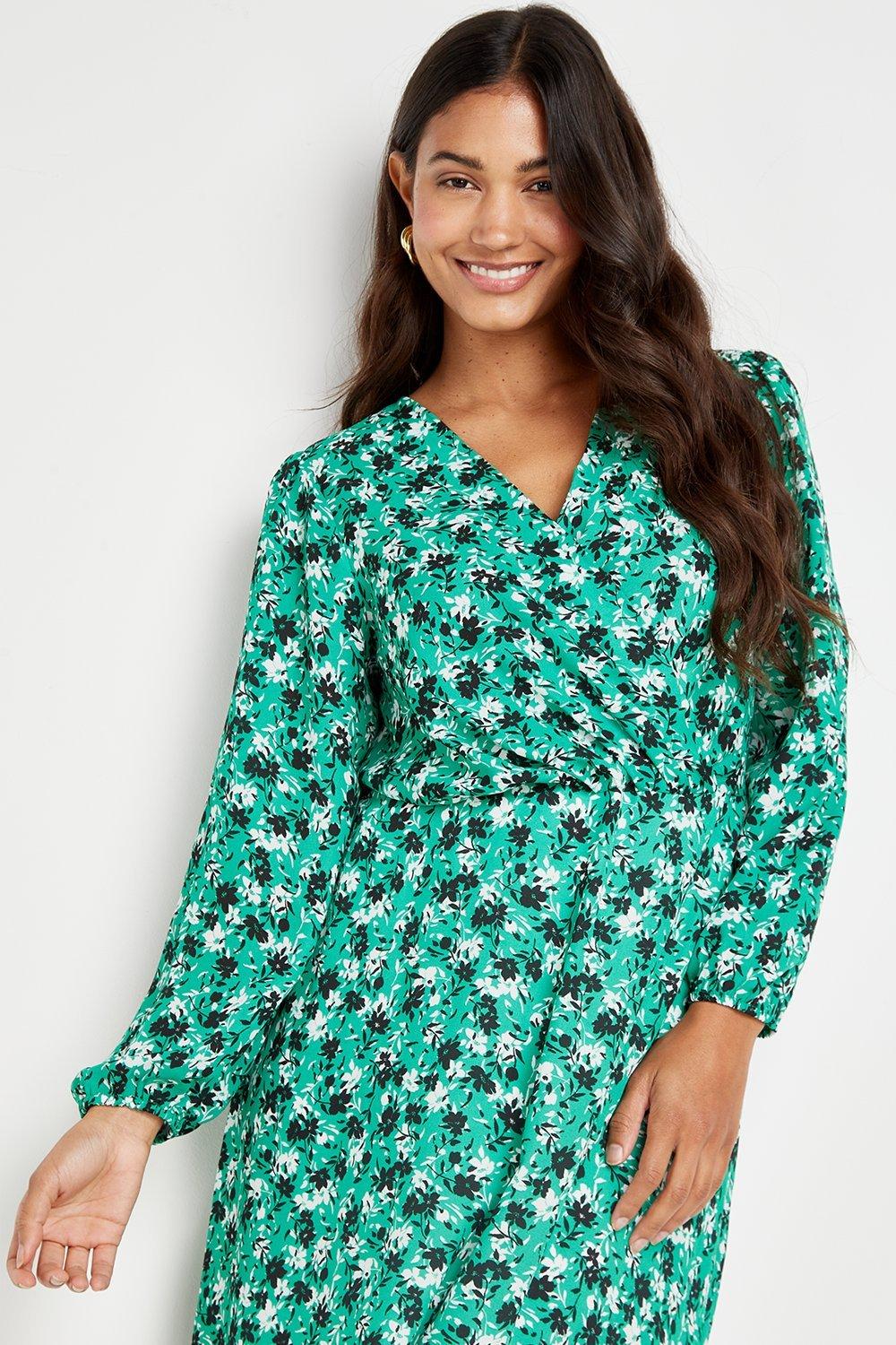 Green Floral Tiered Wrap Dress