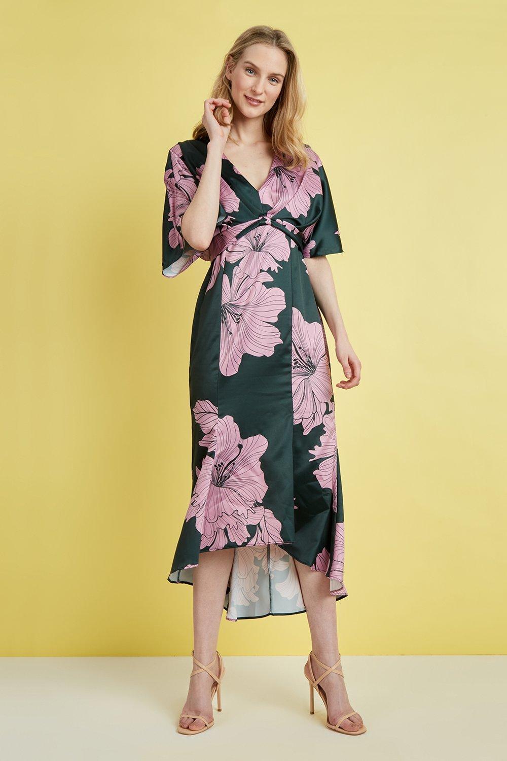 Womens Green & Pink Floral Knot Front Dress
