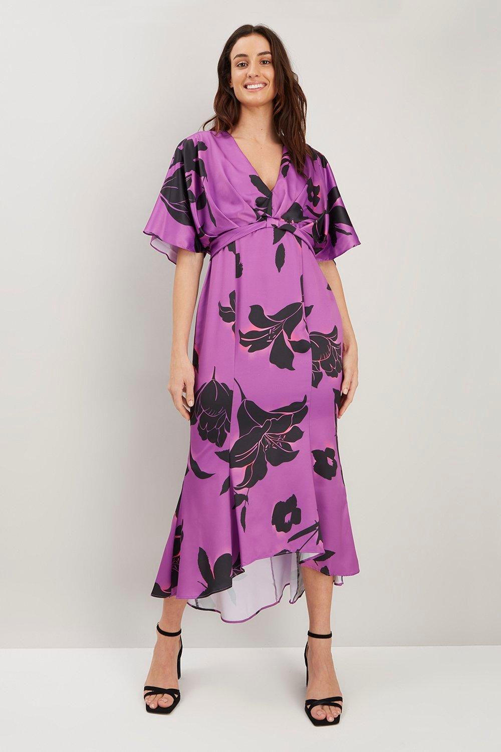 Womens Purple Shadow Floral Knot Front Dress