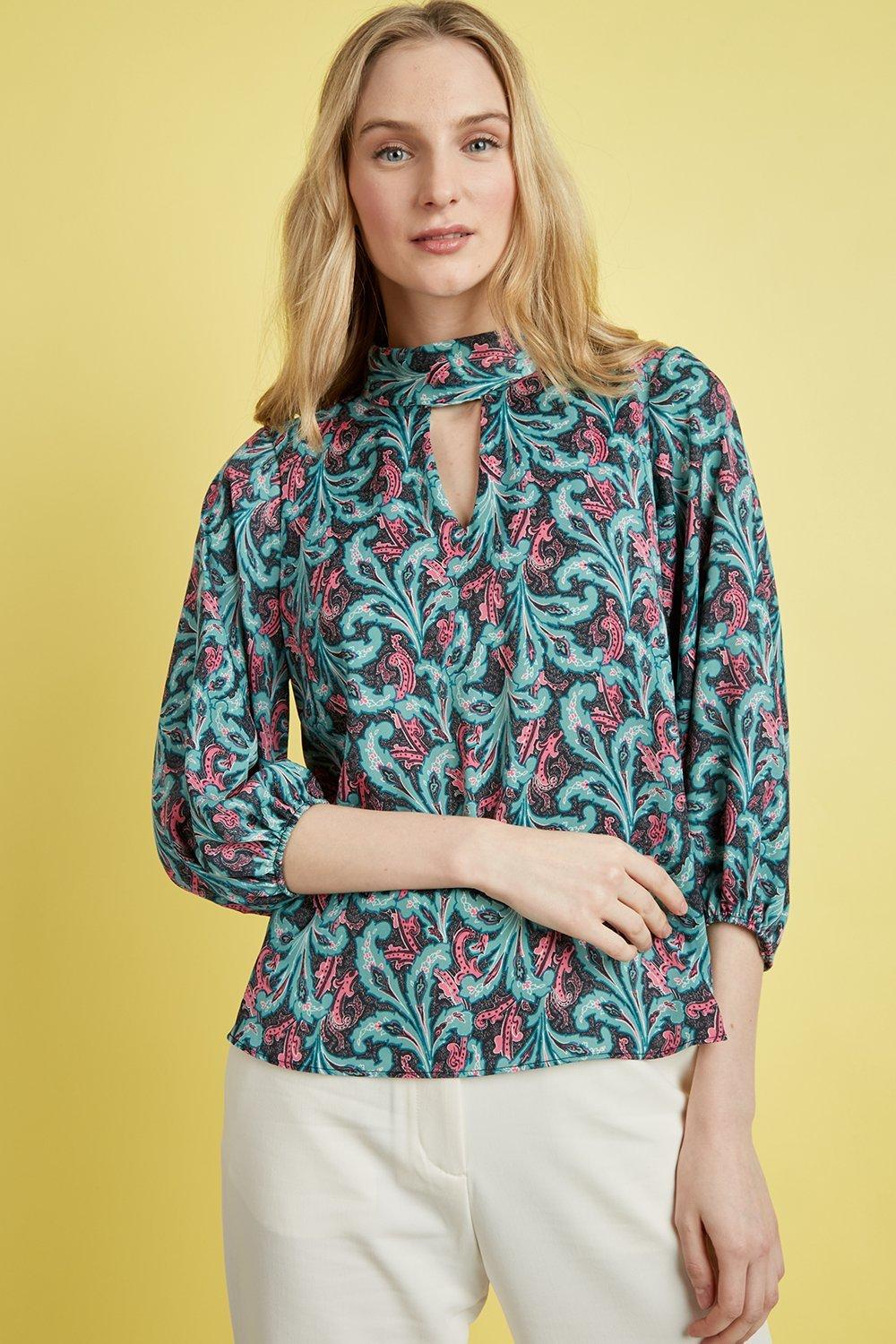 Tops | Petite Green Paisley Keyhole High Neck Blouse | Wallis