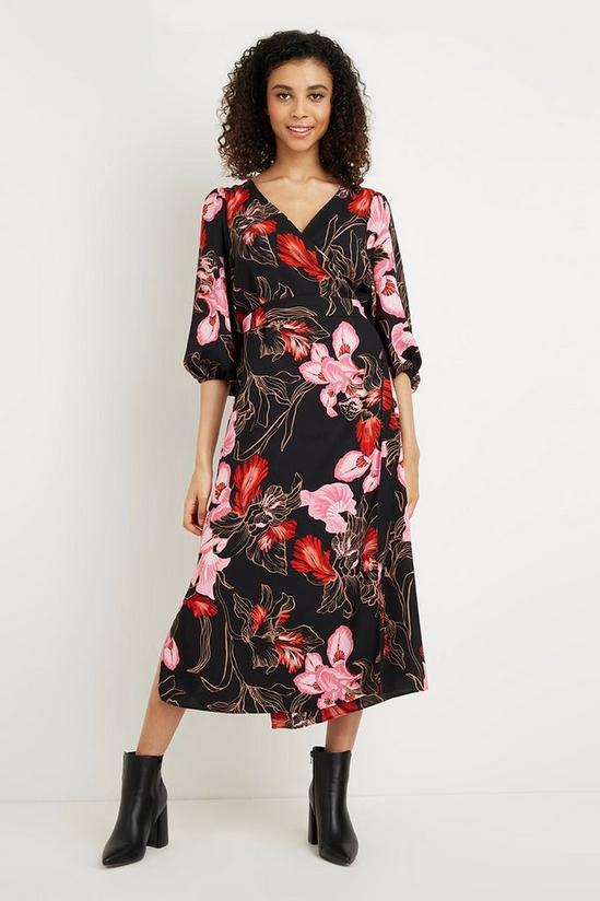 Wallis Petite Red And Pink Floral Wrap Belted Dress 1