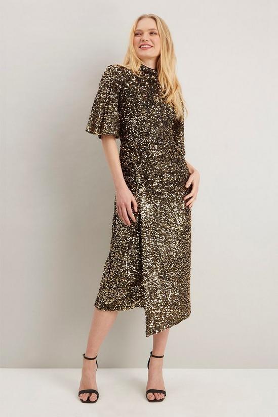 Wallis Gold Sequin Ruched Side Dress 1