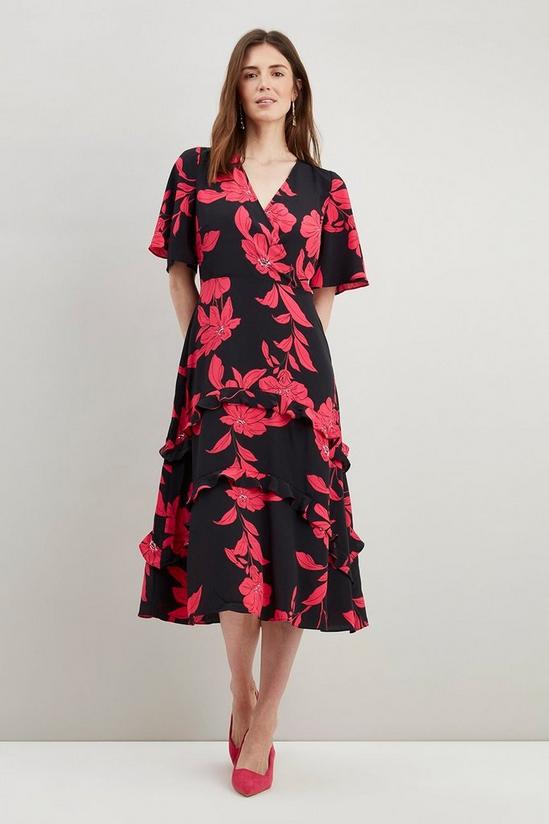 Wallis Black And Pink Floral Tiered Midi Dress 2