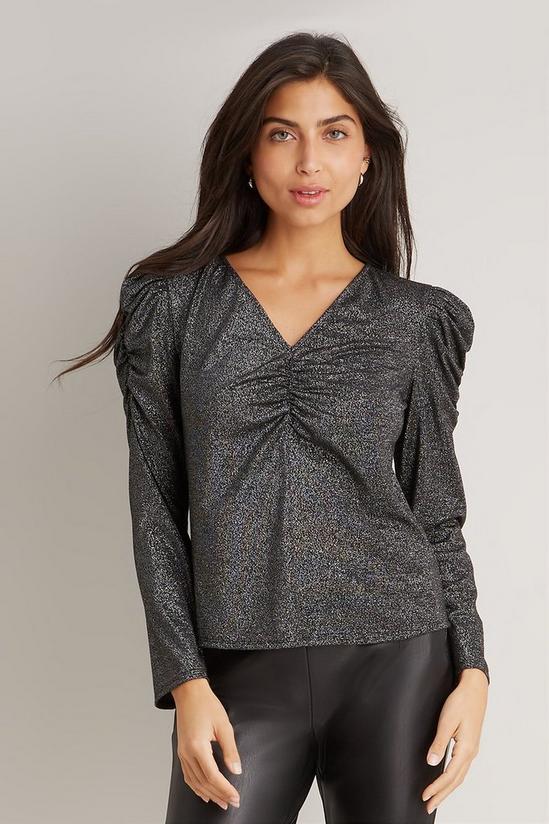 Wallis Black Sparkly Ruched Sleeve Top 1