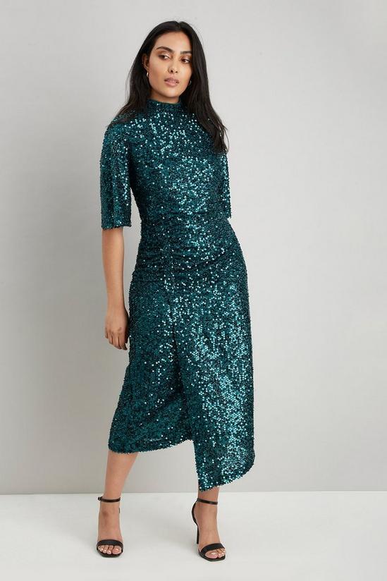 Wallis Petite Green Sequin Ruched Side Dress 1