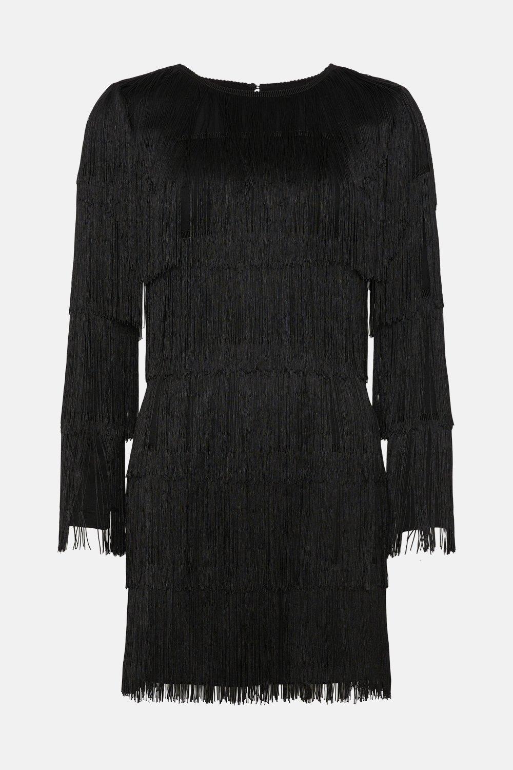 Oasis black fringe dress sale