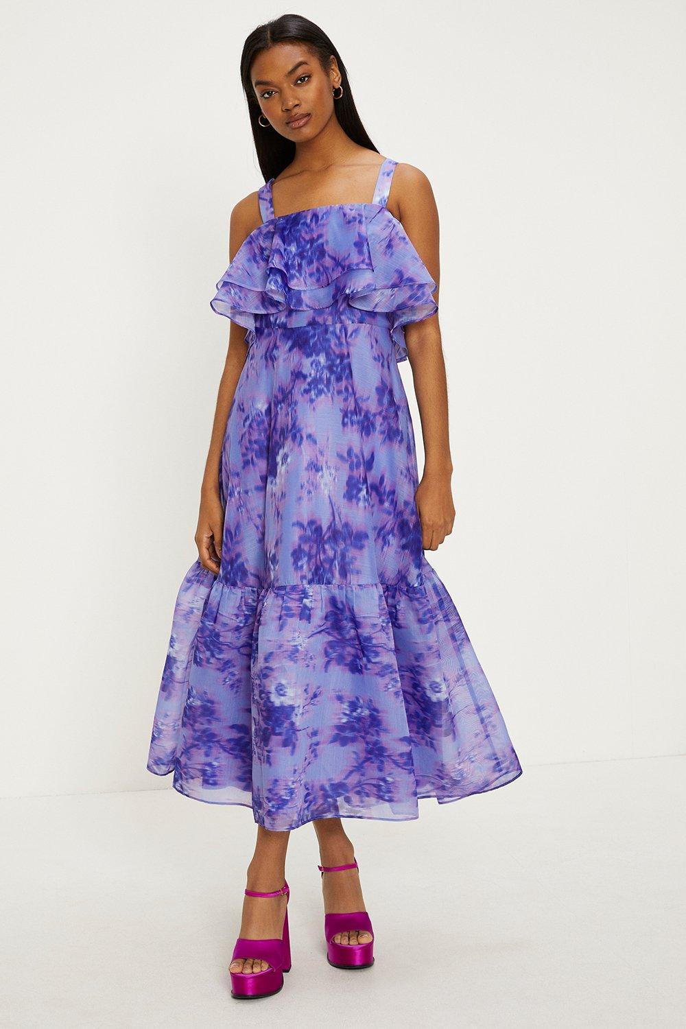 Dresses | Tonal Blurred Floral Ruffle Organza Midi Dress | Oasis