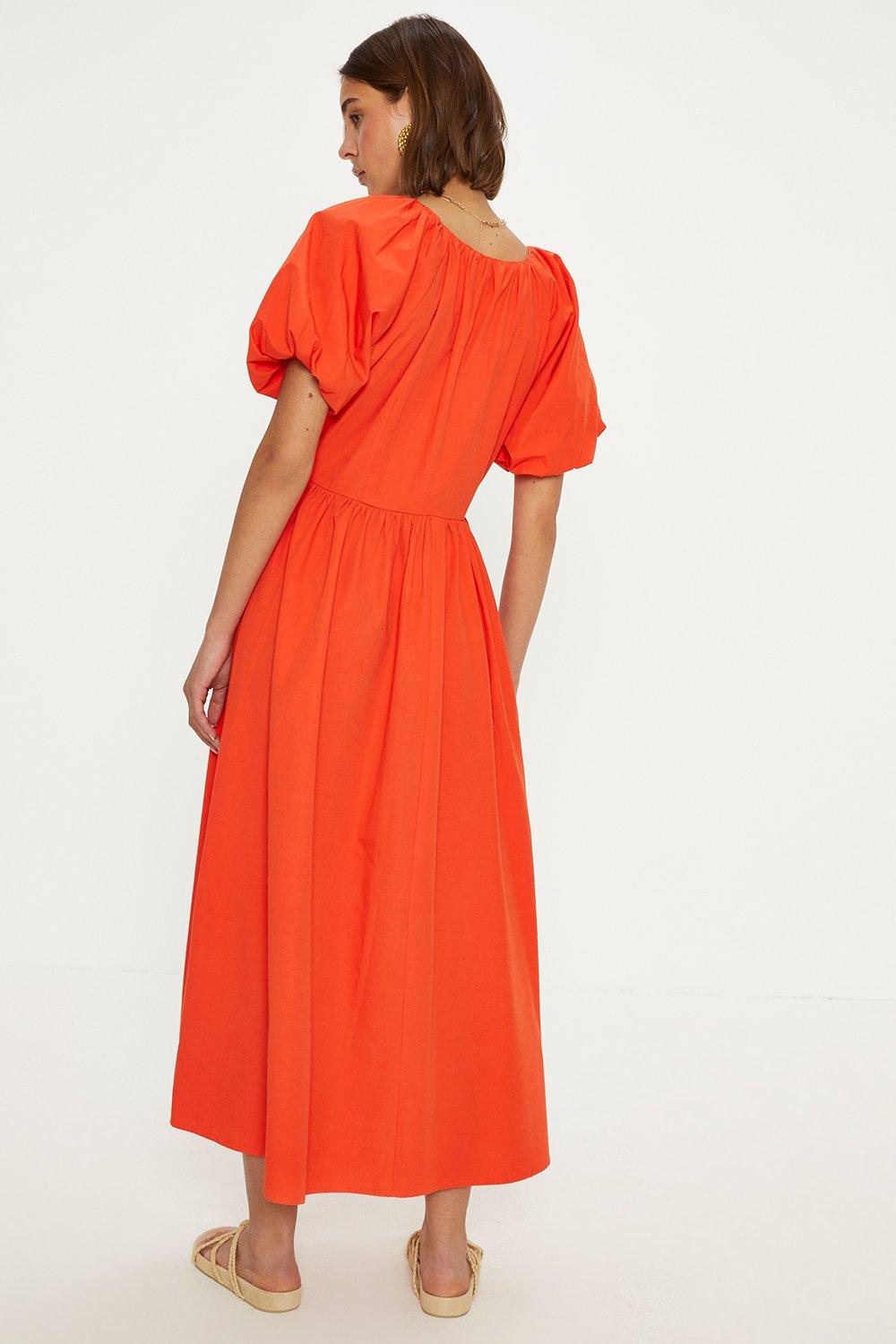 Dresses Ruched Neck Puff Sleeve Midi Dress Oasis