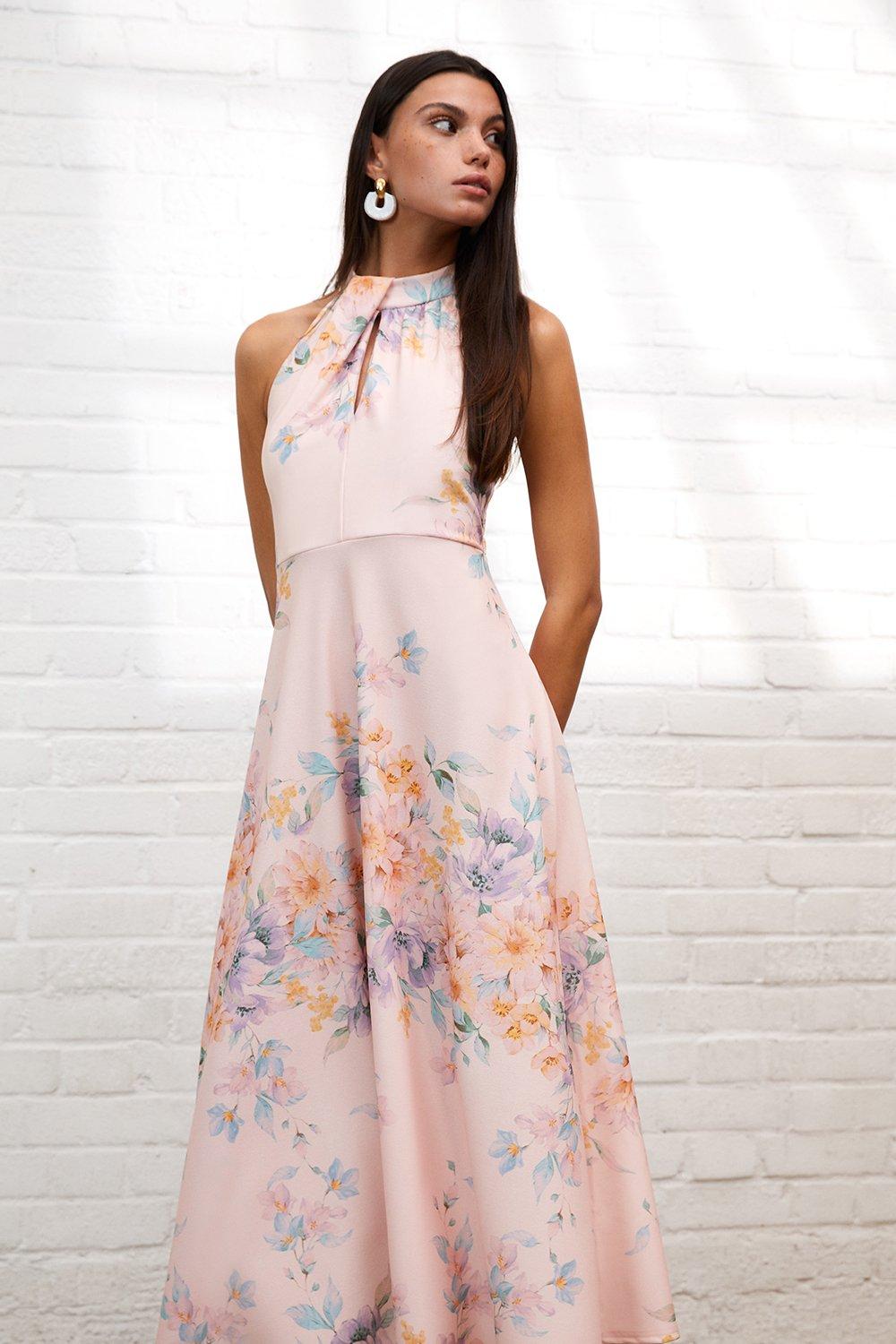 Dresses Blush Floral Stretch Crepe Twist Halterneck Midi Dress