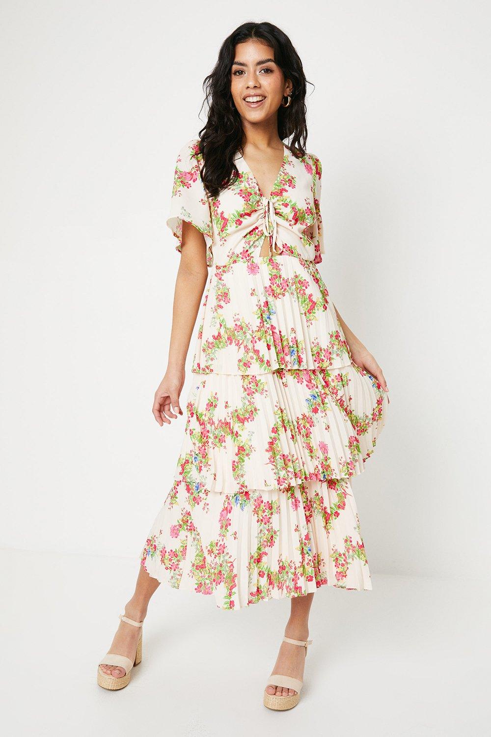 Dresses | Petite Floral Ruched Bust Pleated Tiered Midi Dress | Oasis