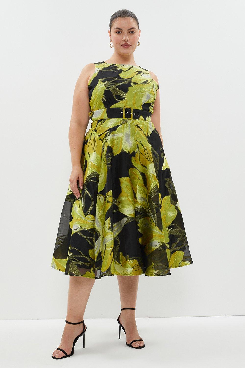 Plus Size Belted Jacquard Fit And Flare Dress