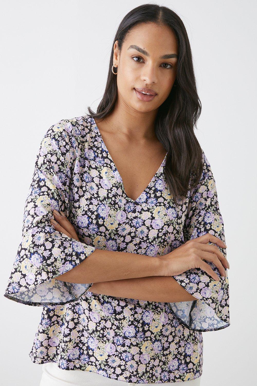 Tops Floral Frill Sleeve V Neck Blouse Dorothy Perkins