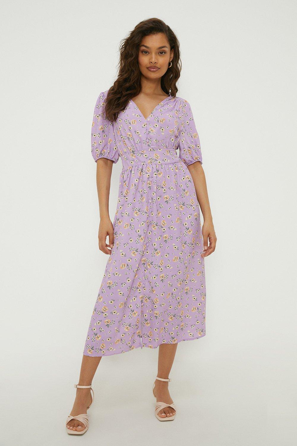 Dresses | Petite Purple Ditsy Print Puff Sleeve Midi Dress | Dorothy ...