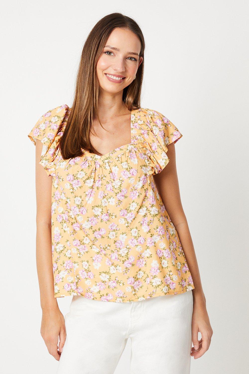 Tops | Yellow Floral V Neck Frill Sleeve Blouse | Dorothy Perkins