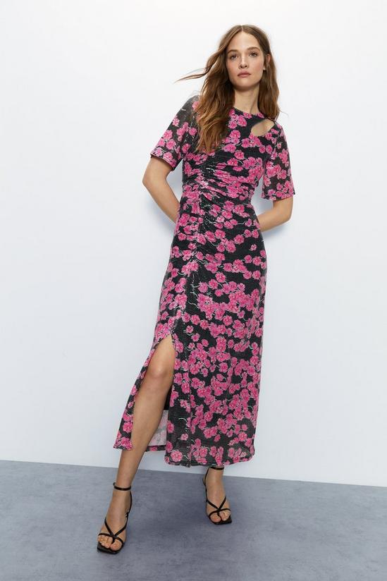 Warehouse Printed Sequin Ruched Side Midi Dress 1