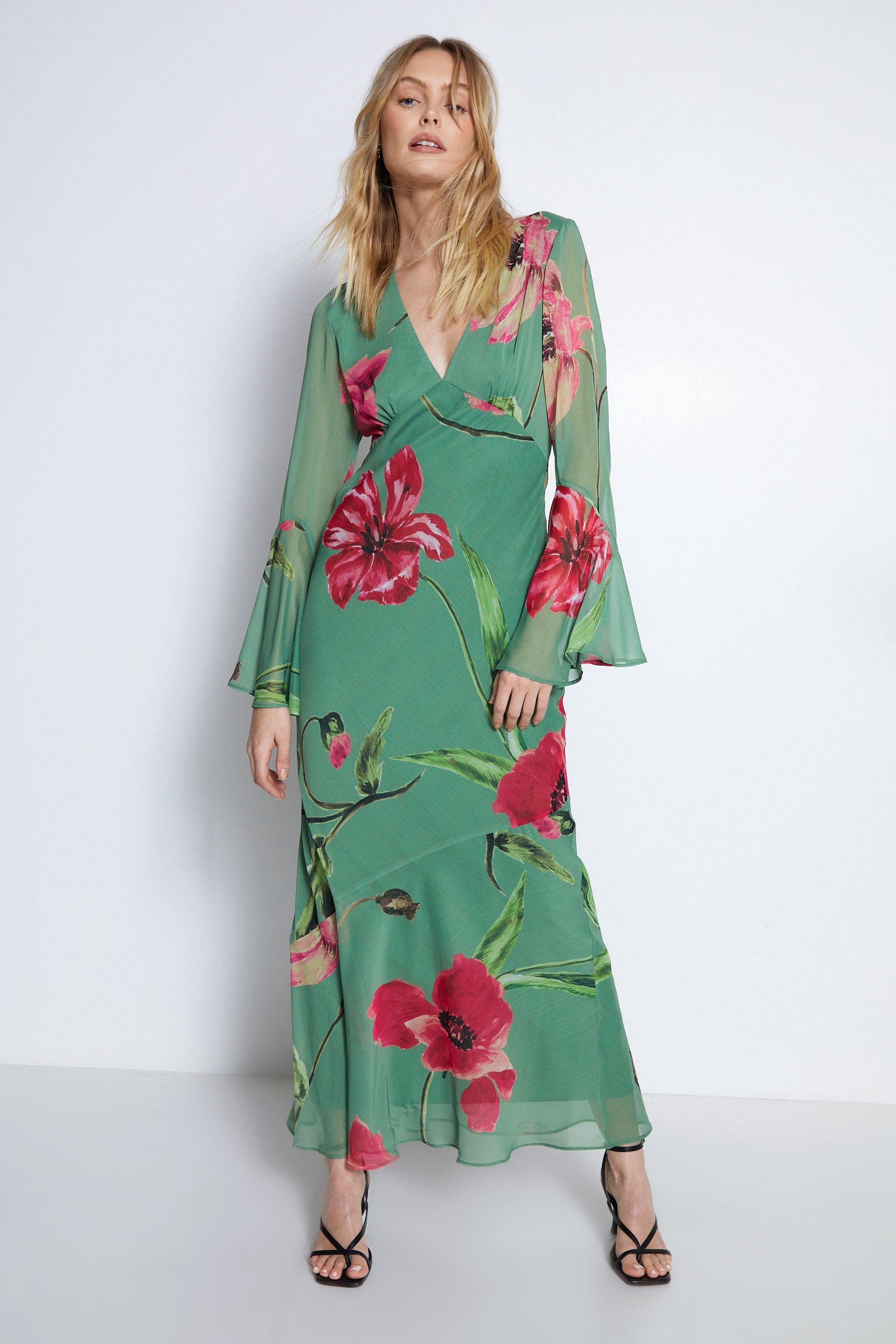 Dresses | Floral Printed V Neck Fluted Sleeve Maxi Dress | Warehouse