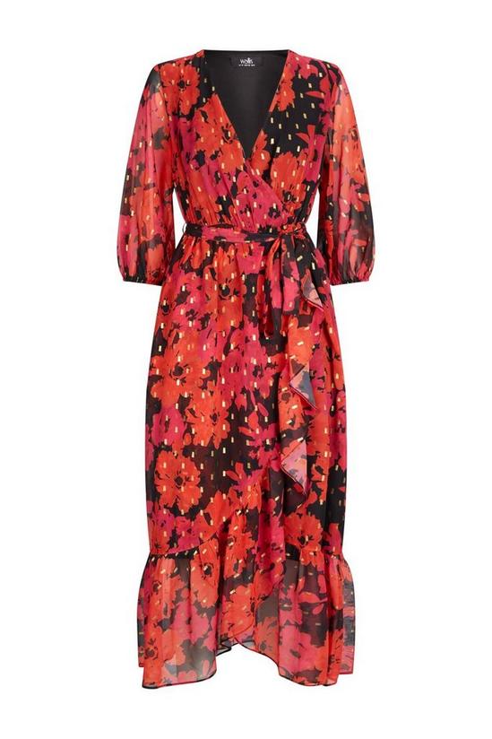 Wallis Red Floral Metallic Fleck Ruffle Belted Dress 5