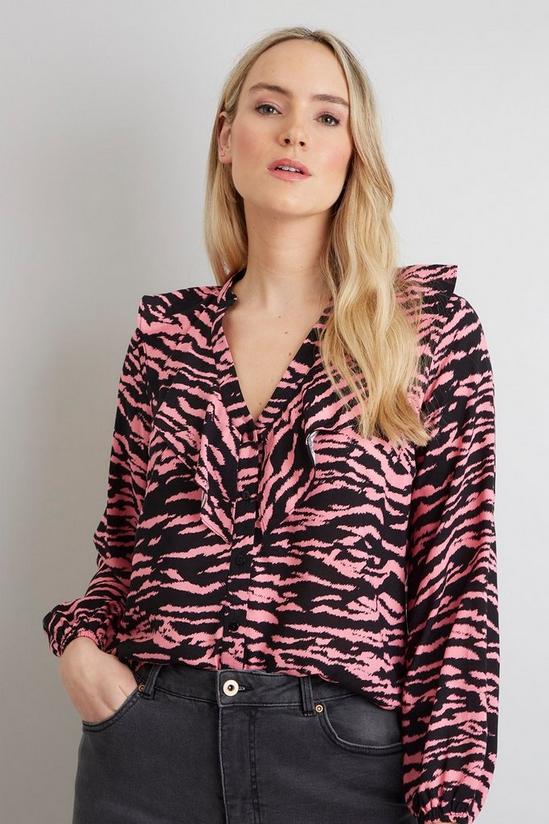 Wallis Pink Zebra Ruffle Neck Button Front Shirt 1
