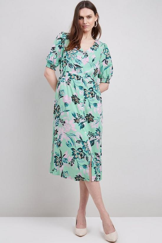 Wallis Green Floral Shirred Cuff Button Through Dress 1