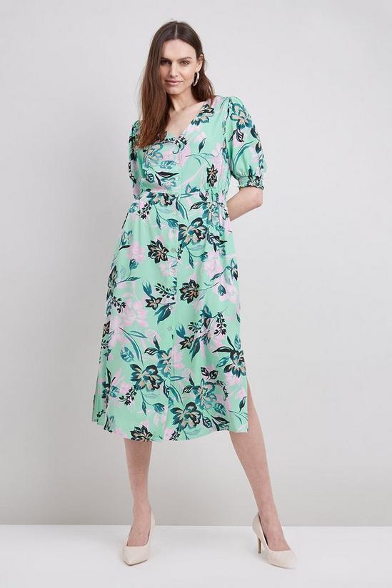 Wallis Green Floral Shirred Cuff Button Through Dress 2