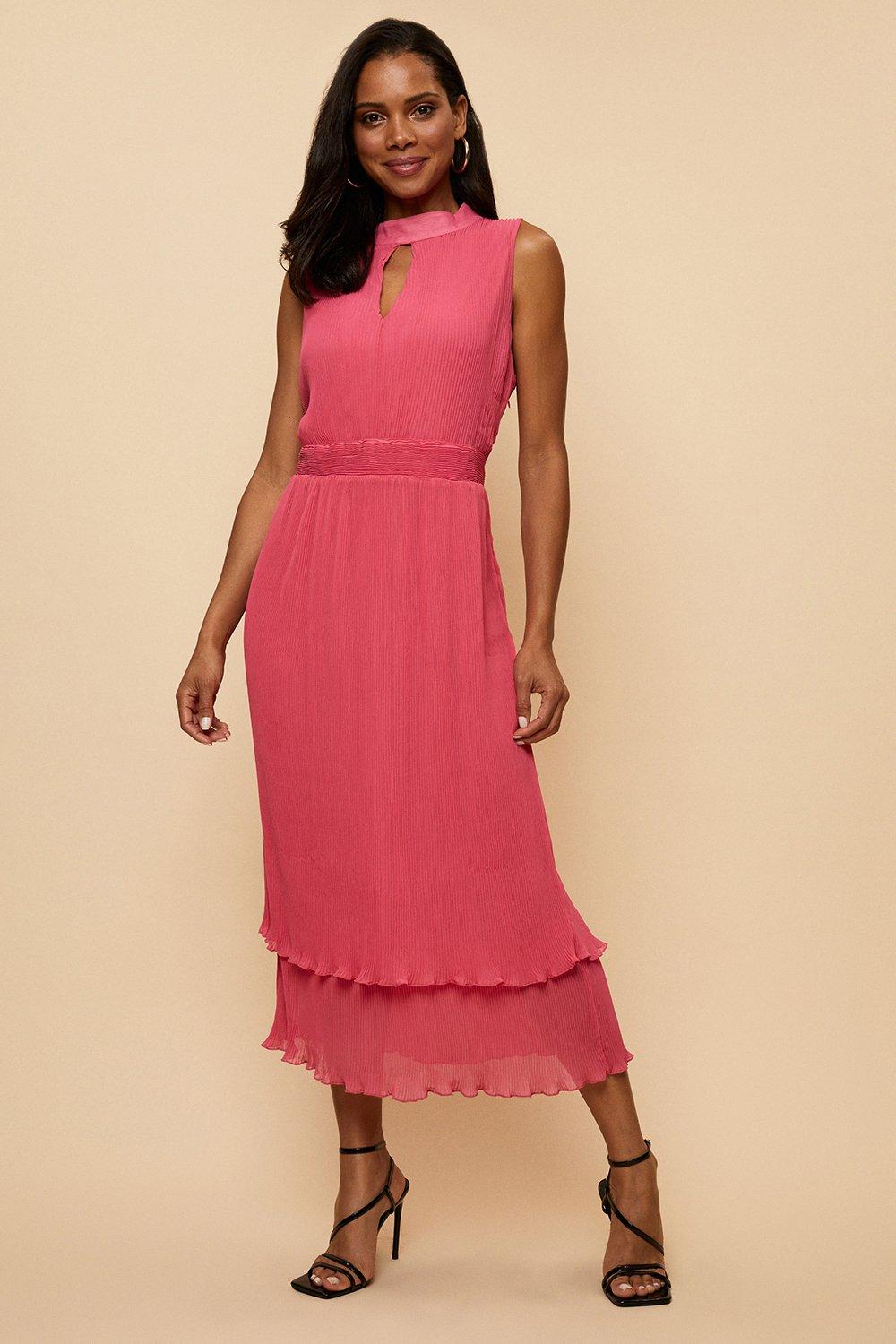 Womens Pink Pleated Halter Neck Layer Dress