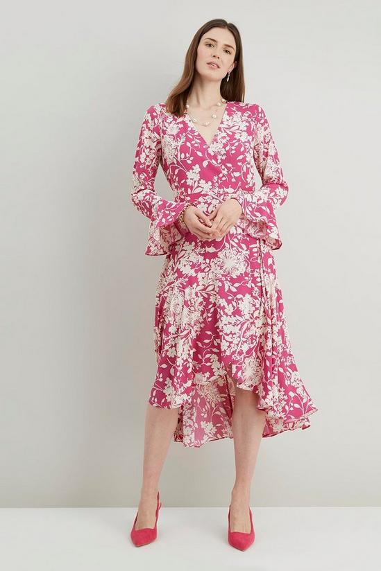 Wallis Pink Floral Flute Sleeve Wrap Dress 1