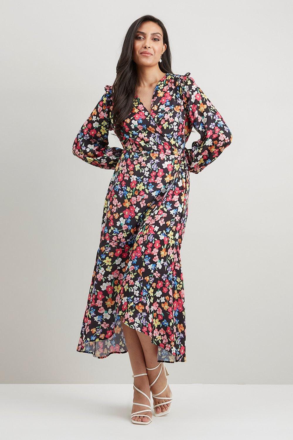 Womens Petite Ditsy Floral Print Midi Wrap Dress