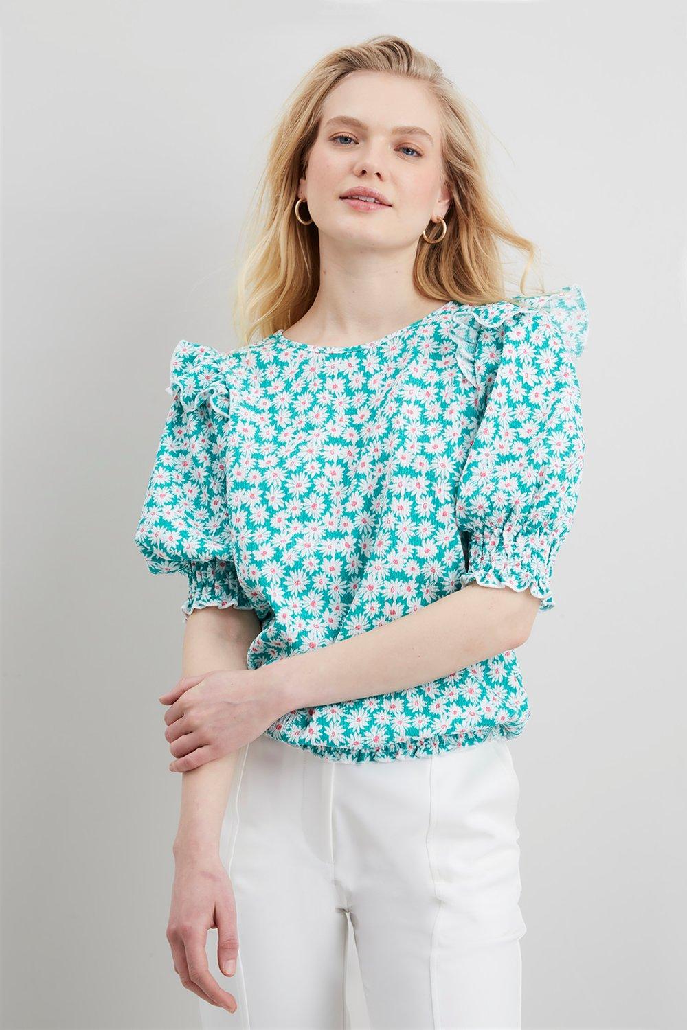 Tops | Petite Green Daisy Frill Shirred Hem Top | Wallis